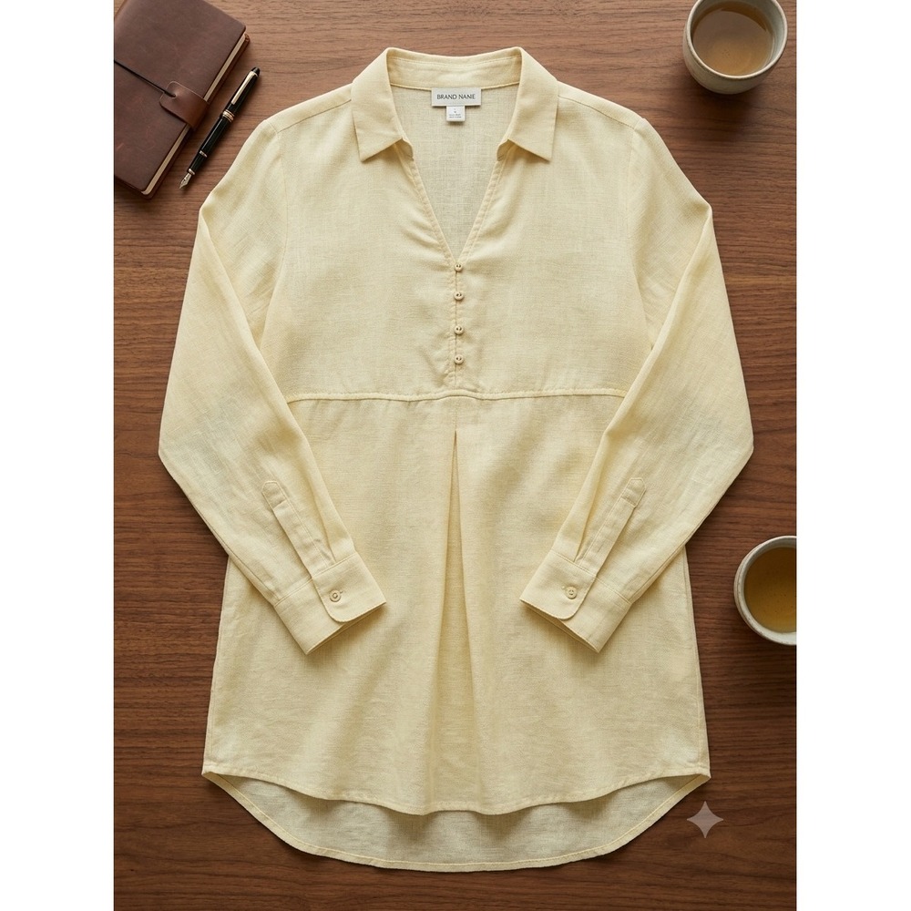 Sigrid Olsen Women Yellow 100% Linen Long Sleeve Roll Tab Tunic Top Size M
